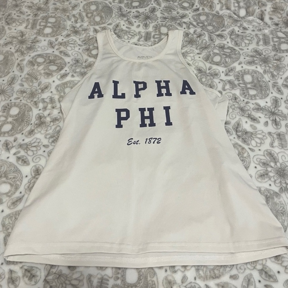 White athletic Alpha Phi tank top with “ALPHA PHI” and “Est. 1872” in navy blue
